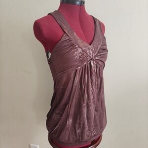 Voice Womens Y2K Tank Top Brown Gold 2000's Ruched Racerback pocket‎ Size Large